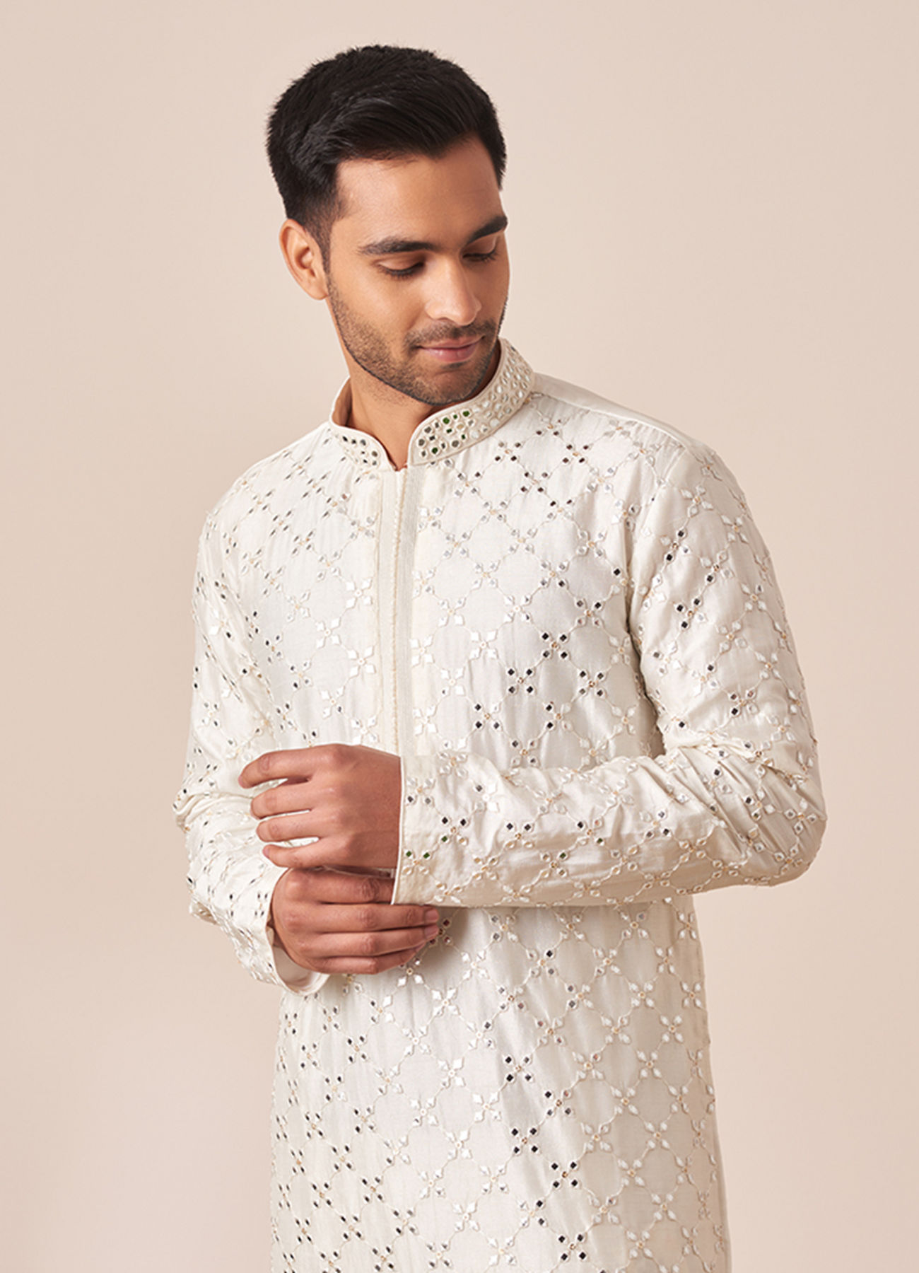 Twamev Men White Mirror Work Kurta Pajama