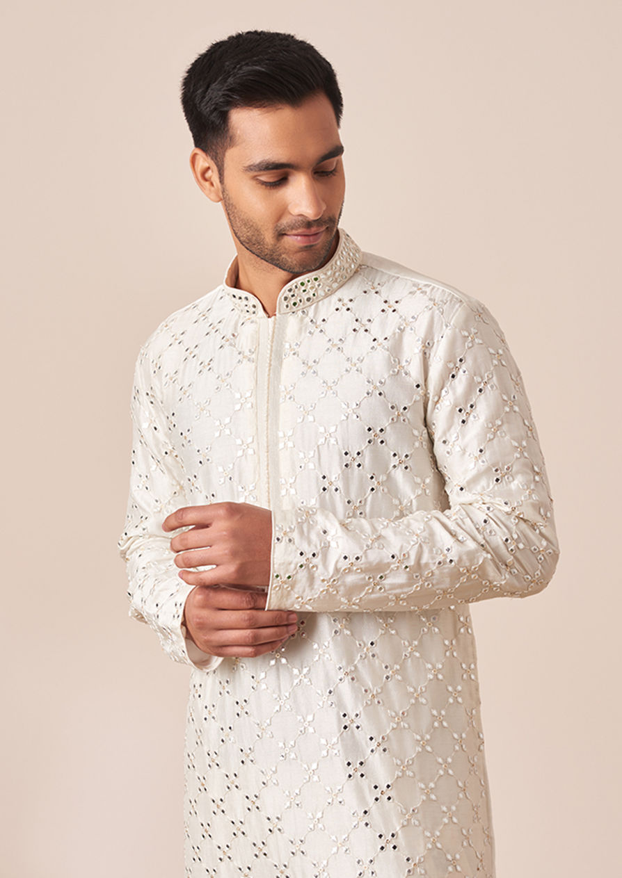 alt message - Twamev Men White Mirror Work Kurta Pajama image number 0