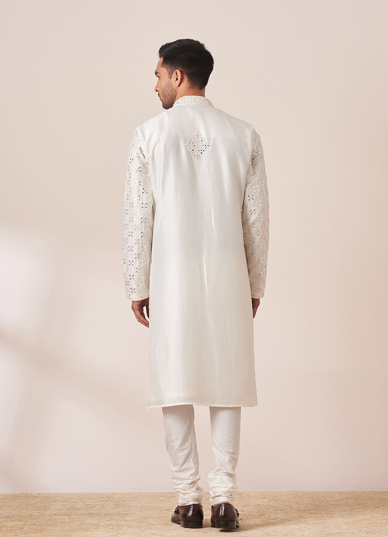 Twamev Men White Mirror Work Kurta Pajama