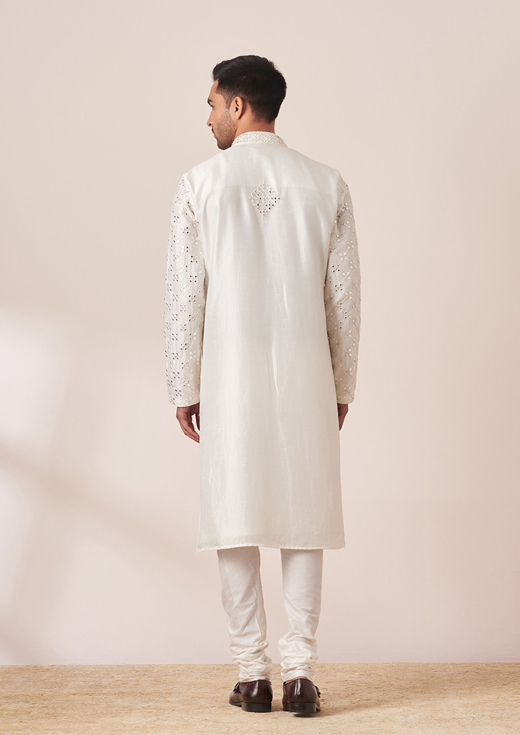 Twamev Men White Mirror Work Kurta Pajama