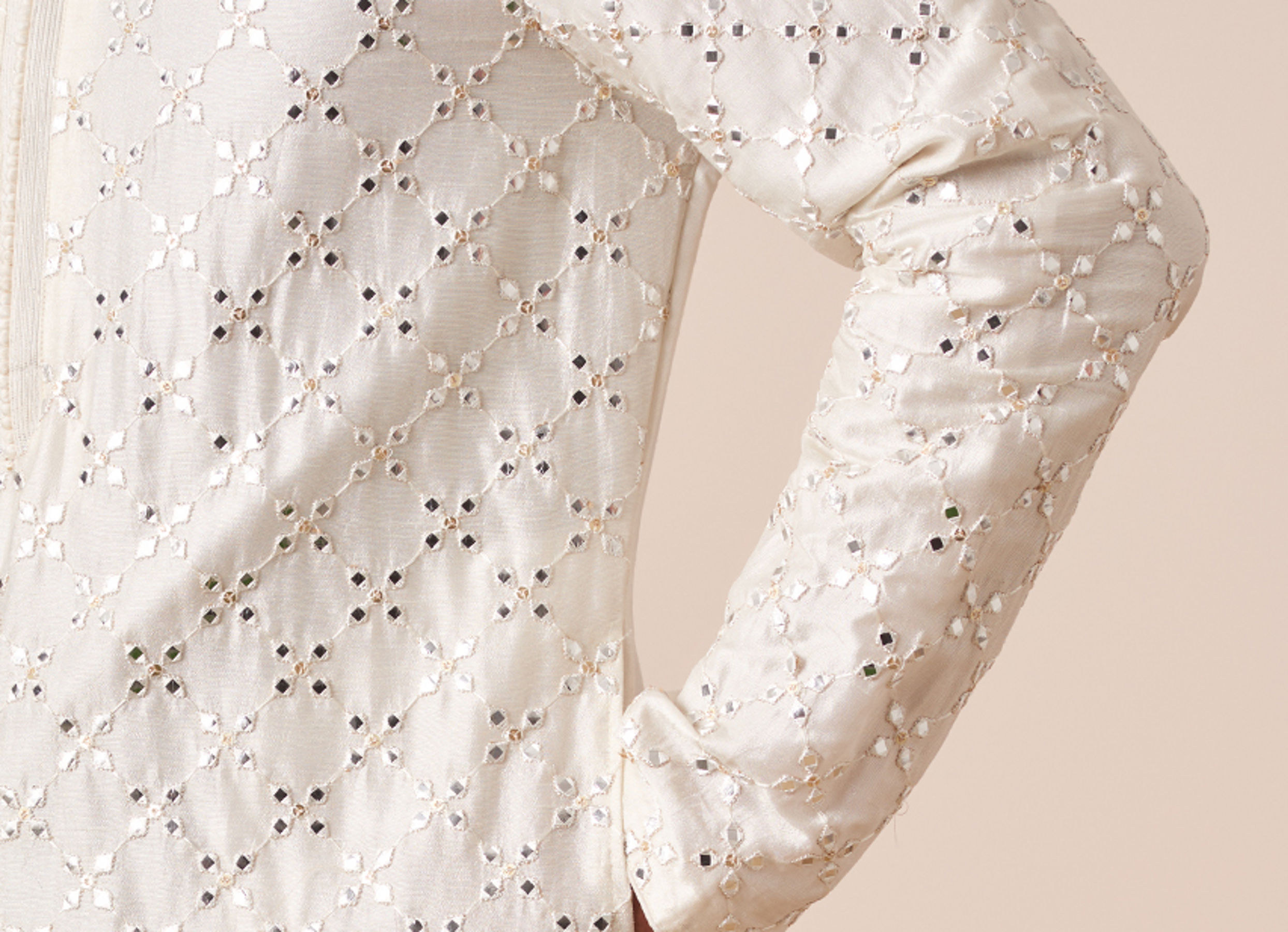 Twamev Men White Mirror Work Kurta Pajama