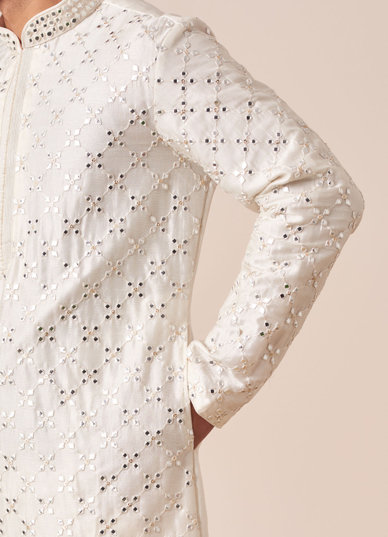 Twamev Men White Mirror Work Kurta Pajama