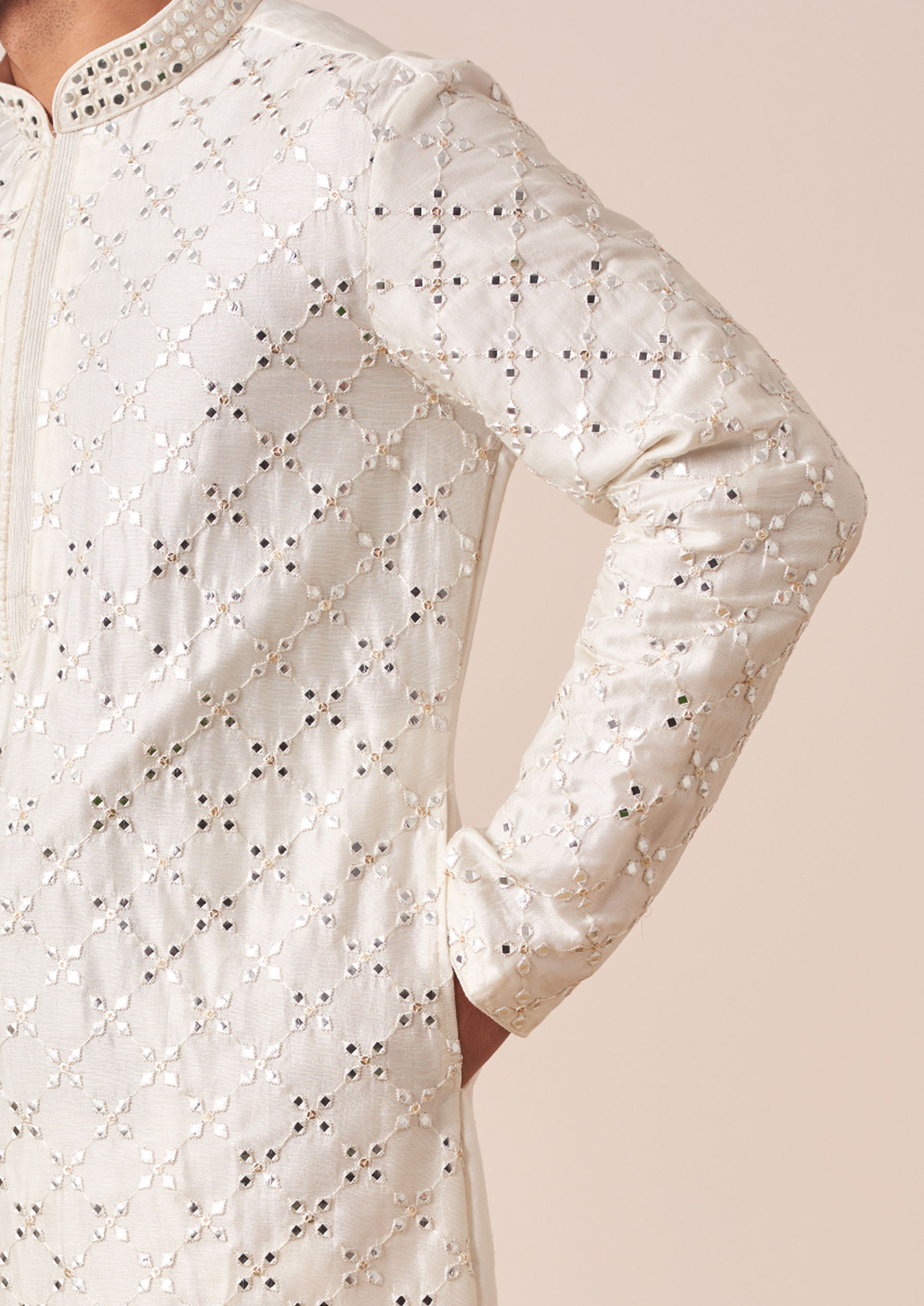 Twamev Men White Mirror Work Kurta Pajama