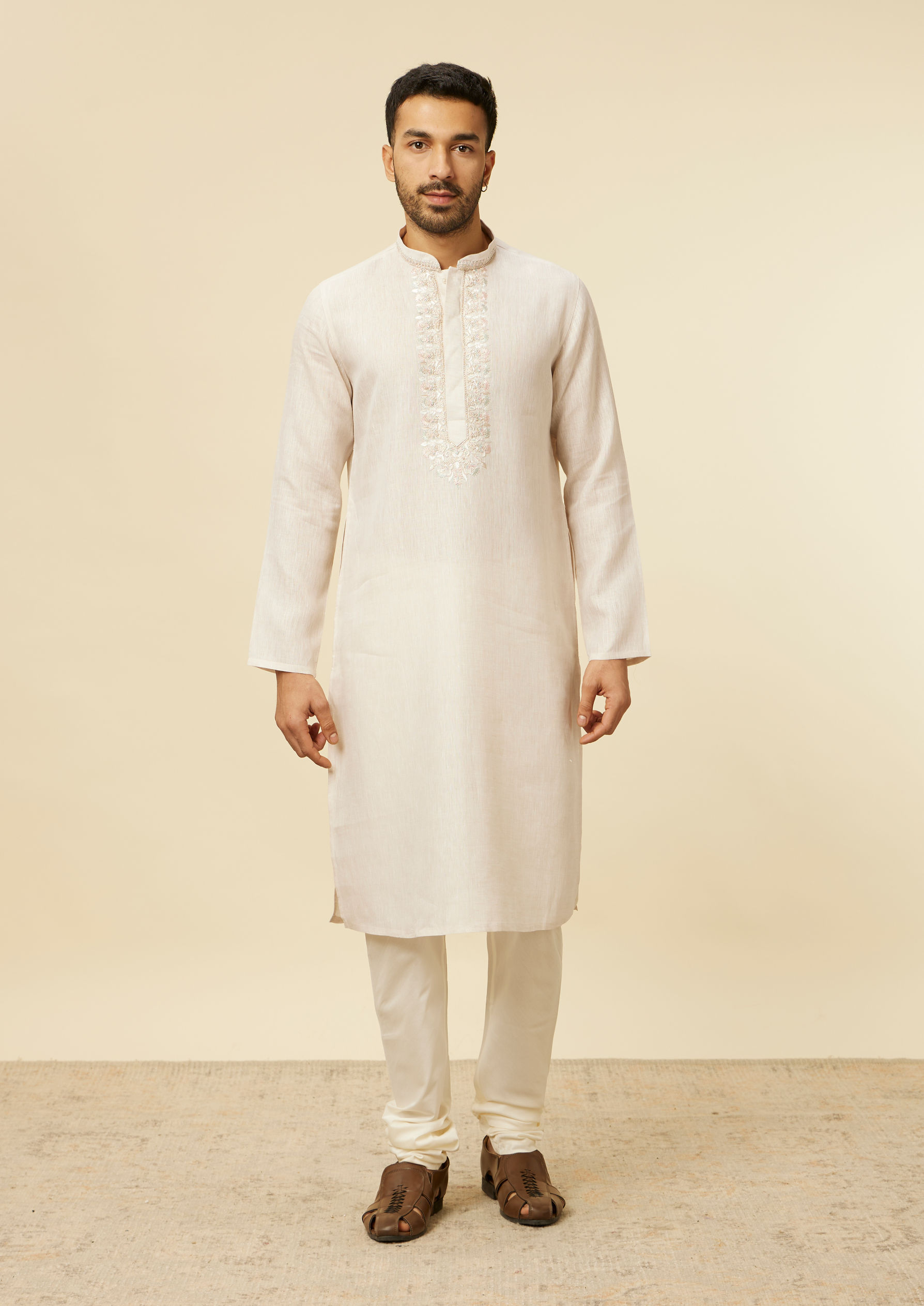 Twamev Men Beige Self Patterned Kurta Set