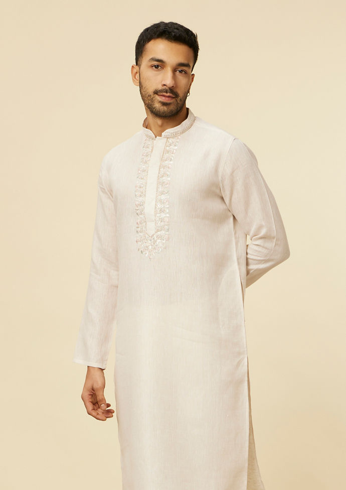 Twamev Men Beige Linen Embrodered Kurta Set