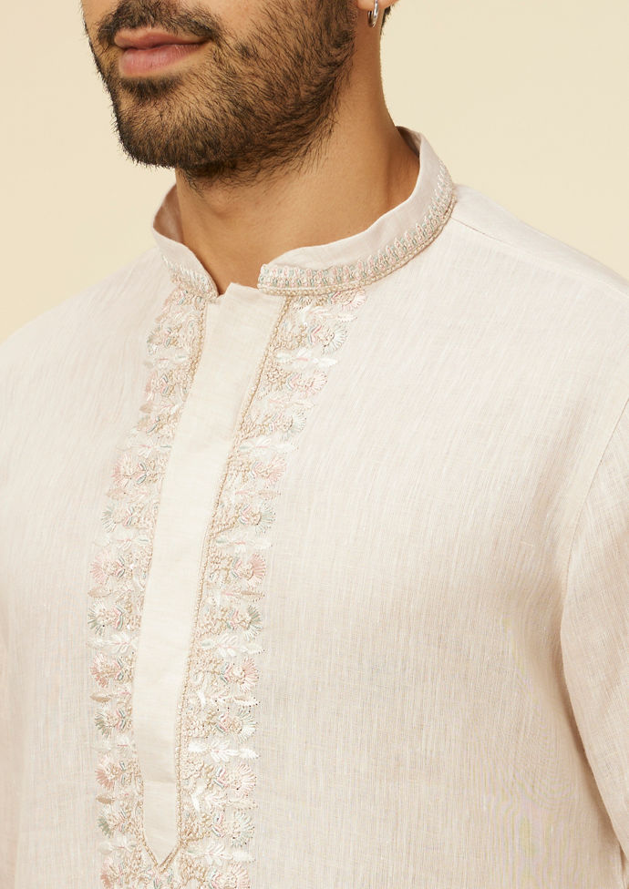 Twamev Men Beige Linen Embrodered Kurta Set