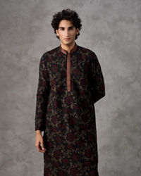 Twamev Men Black Silk Floral Vine Embroidered Kurta Set