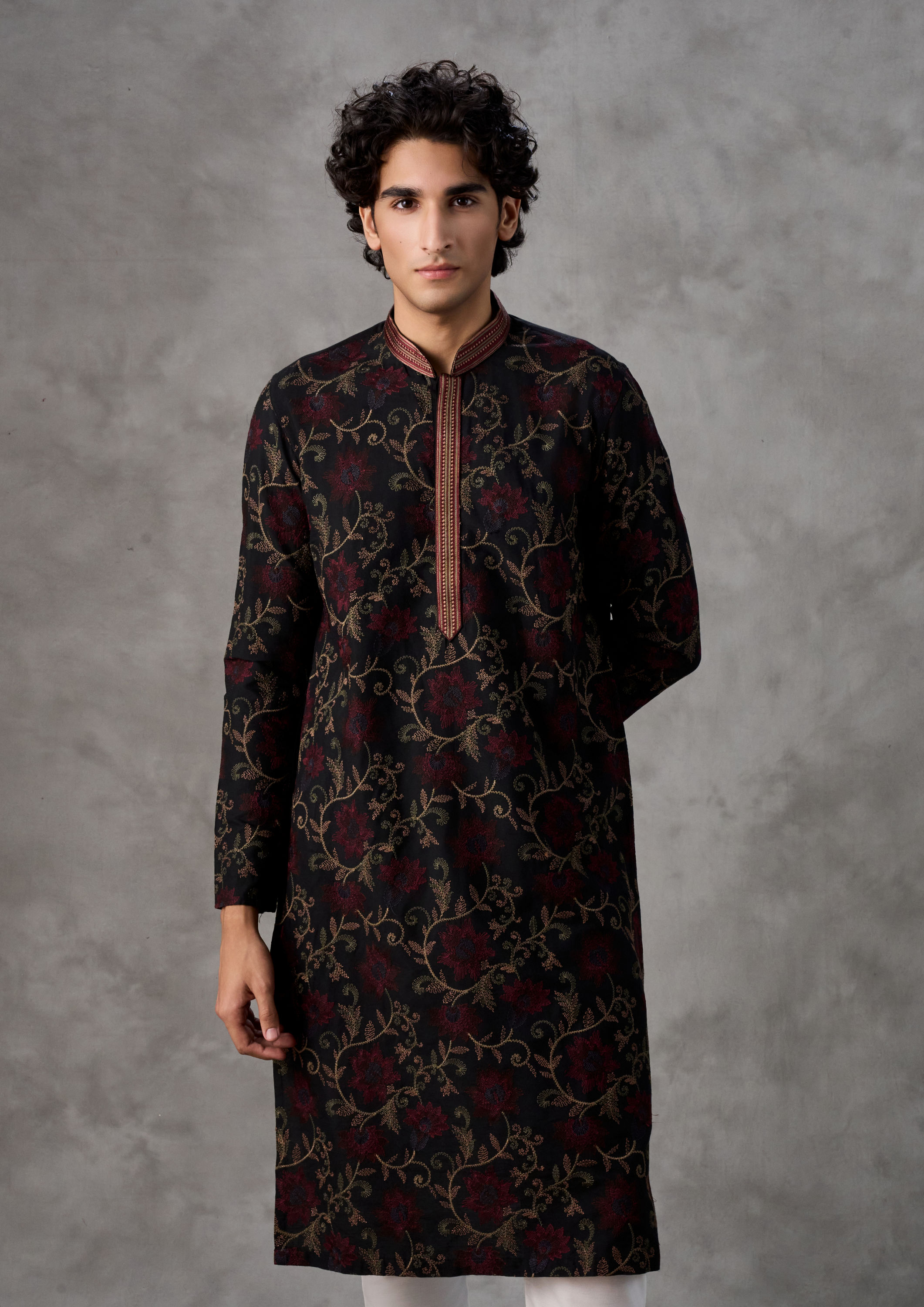 Twamev Men Black Silk Floral Vine Embroidered Kurta Set