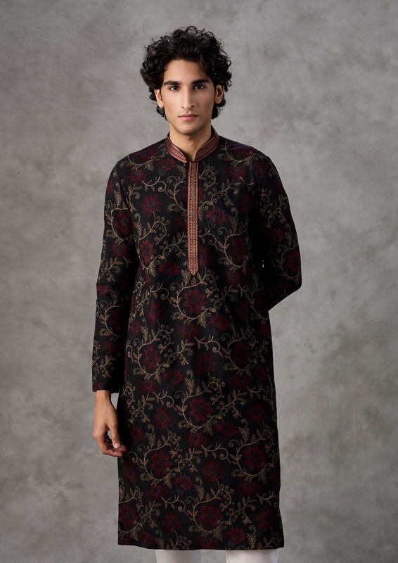 Twamev Men Black Silk Floral Vine Embroidered Kurta Set