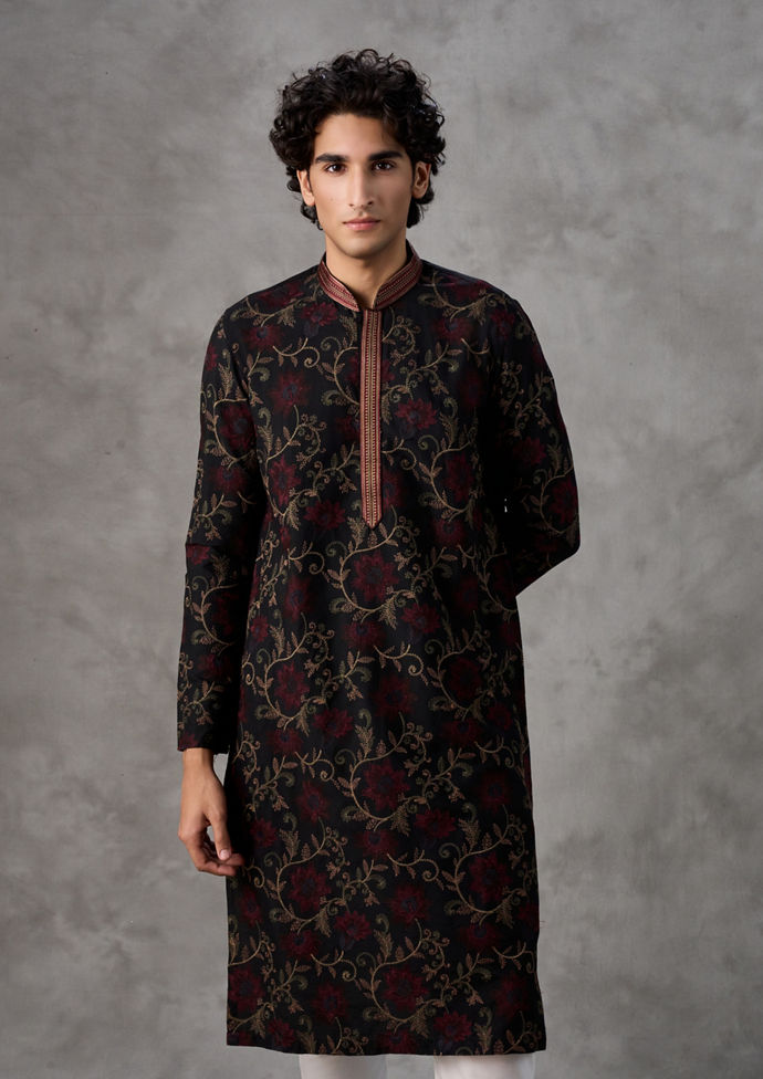Twamev Men Black Silk Floral Vine Embroidered Kurta Set