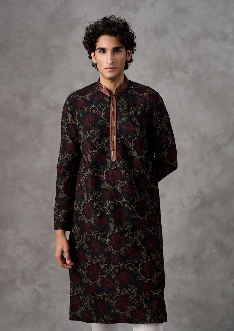 Twamev Men Black Silk Floral Vine Embroidered Kurta Set