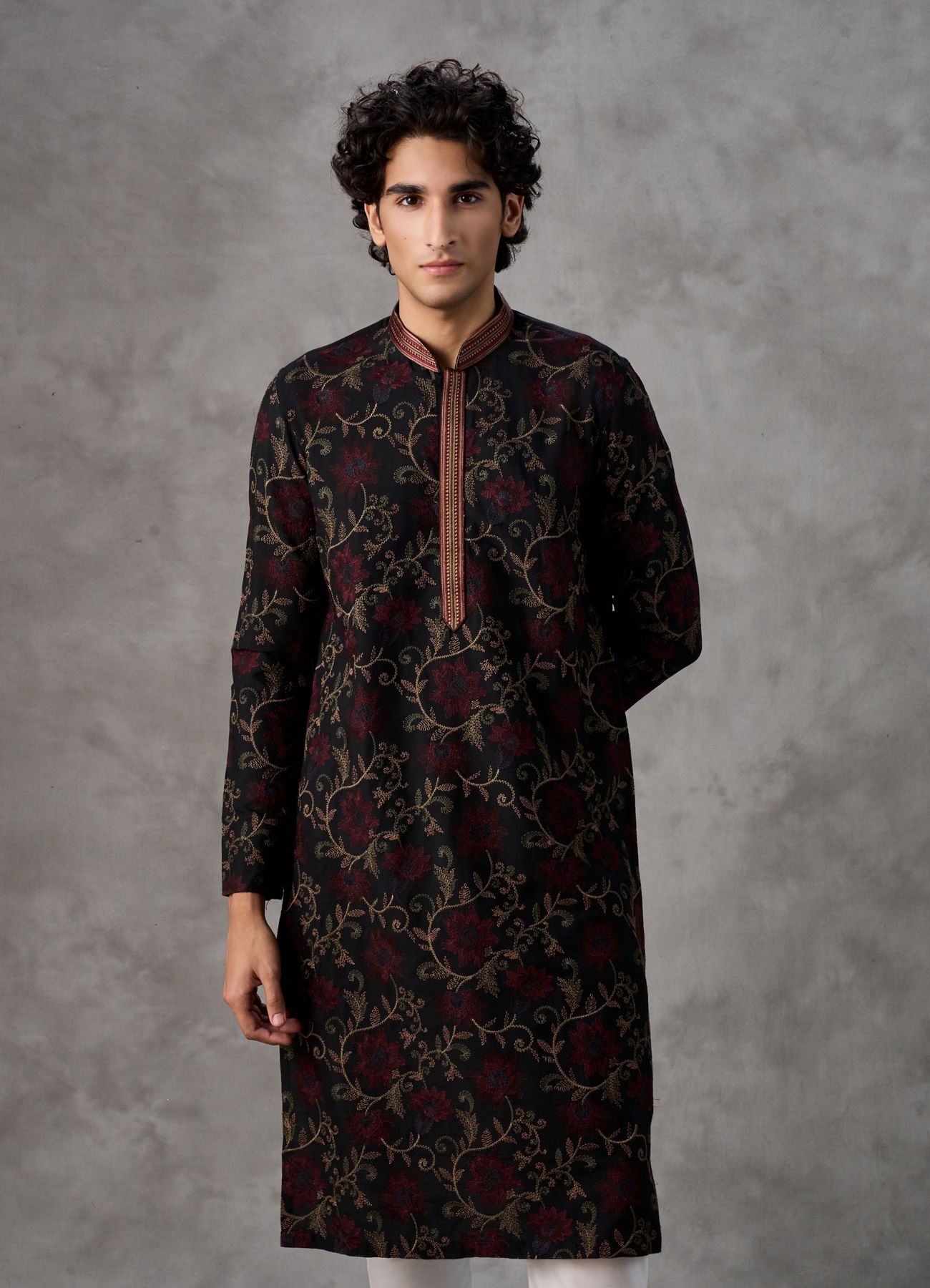 Twamev Men Black Silk Floral Vine Embroidered Kurta Set