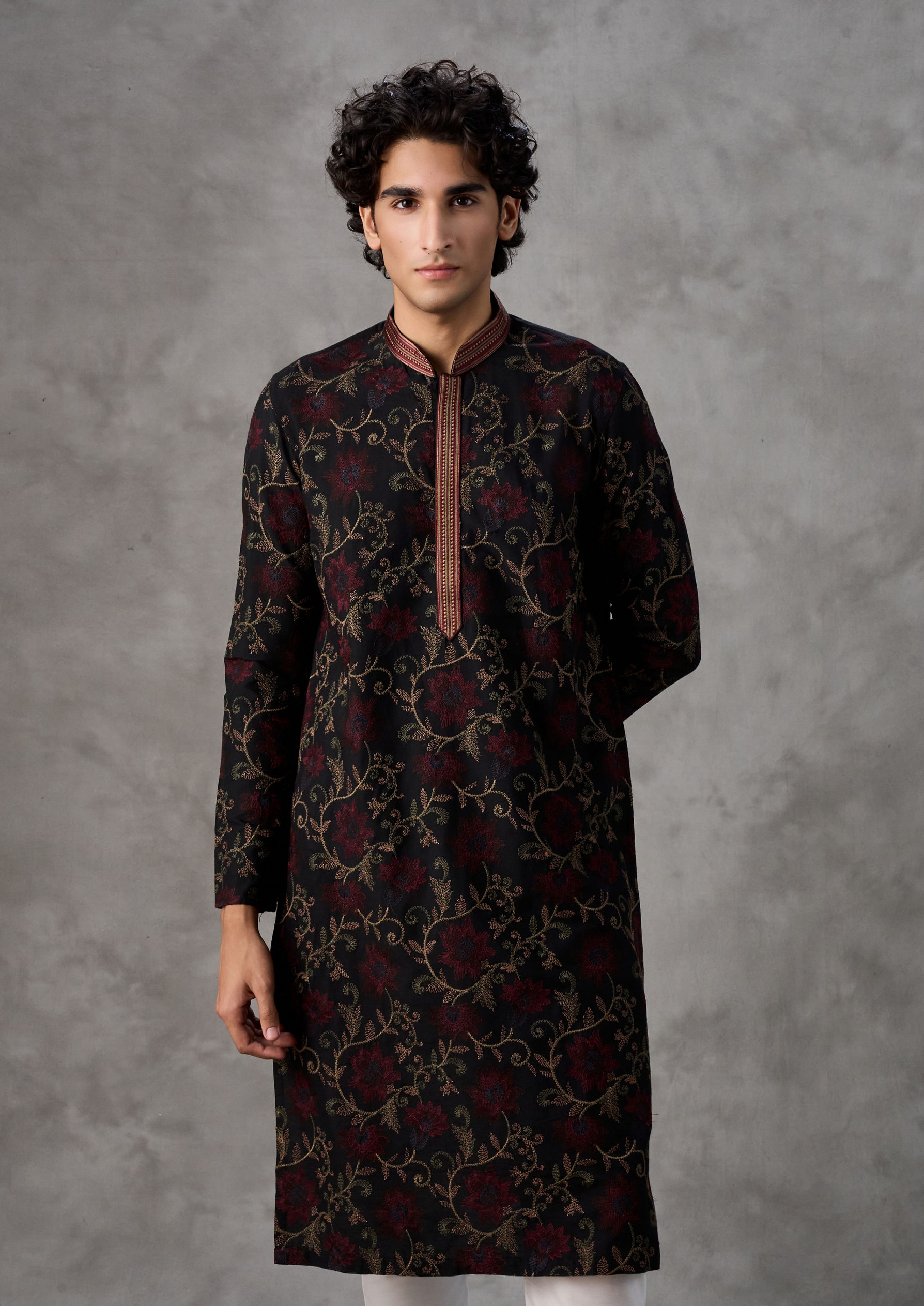 Twamev Men Black Silk Floral Vine Embroidered Kurta Set
