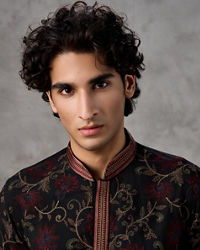Twamev Men Black Silk Floral Vine Embroidered Kurta Set