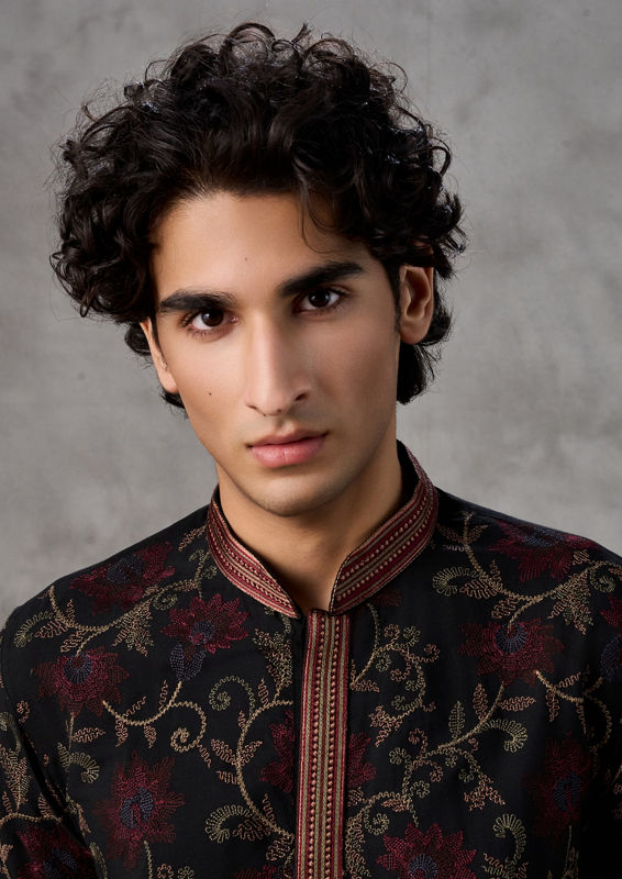 Twamev Men Black Silk Floral Vine Embroidered Kurta Set