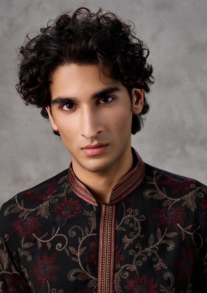 Twamev Men Black Silk Floral Vine Embroidered Kurta Set