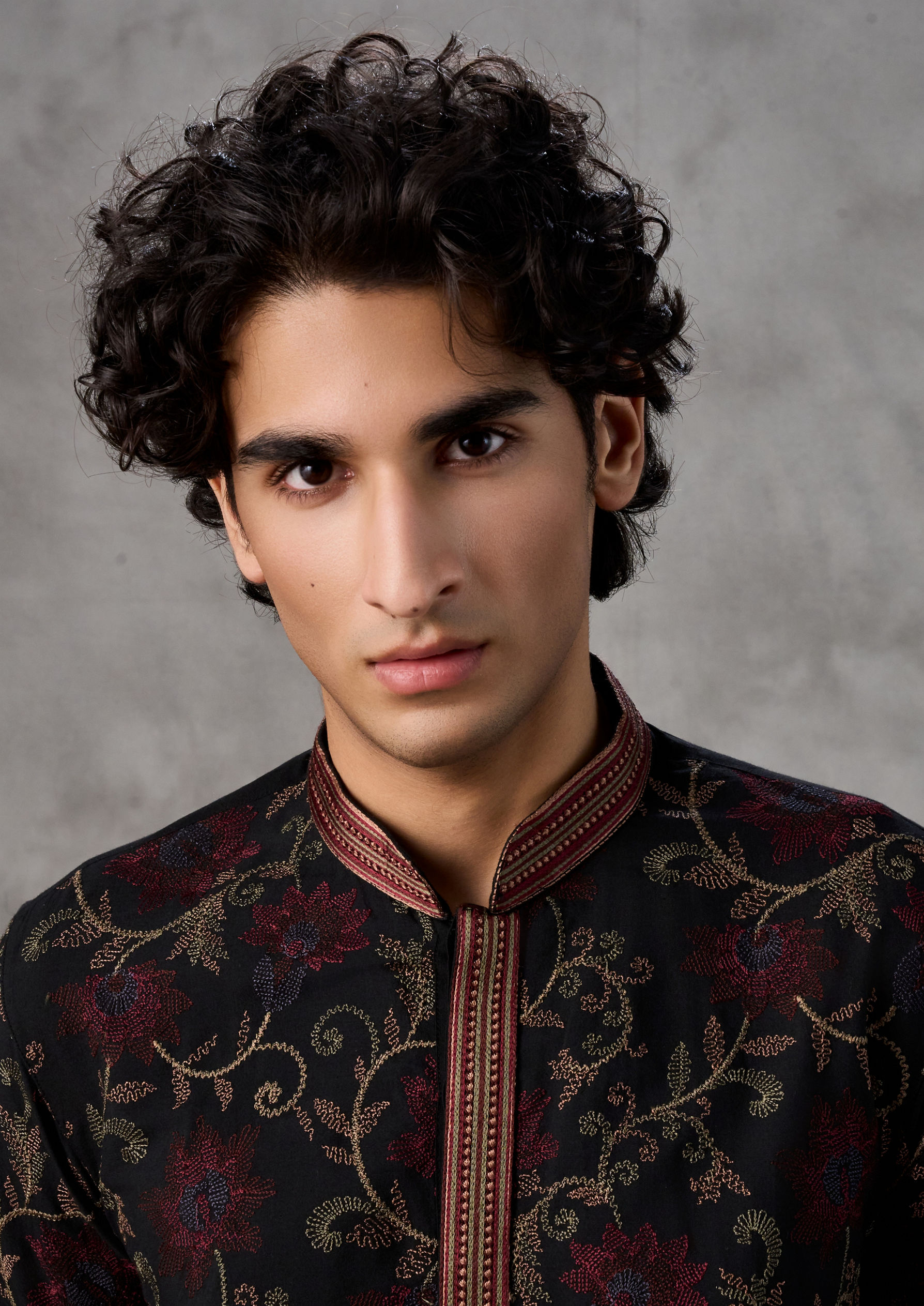 Twamev Men Black Silk Floral Vine Embroidered Kurta Set