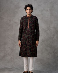 Twamev Men Black Silk Floral Vine Embroidered Kurta Set