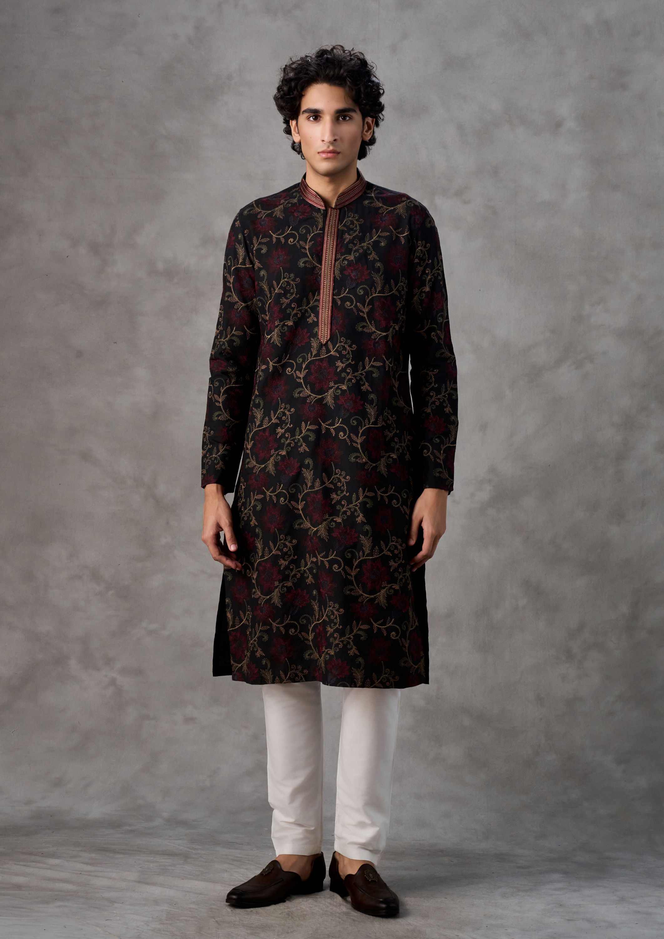 Twamev Men Black Silk Floral Vine Embroidered Kurta Set
