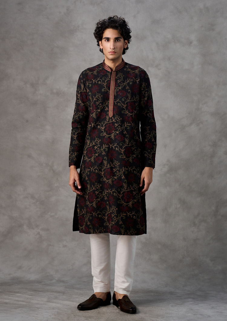 Twamev Men Black Silk Floral Vine Embroidered Kurta Set