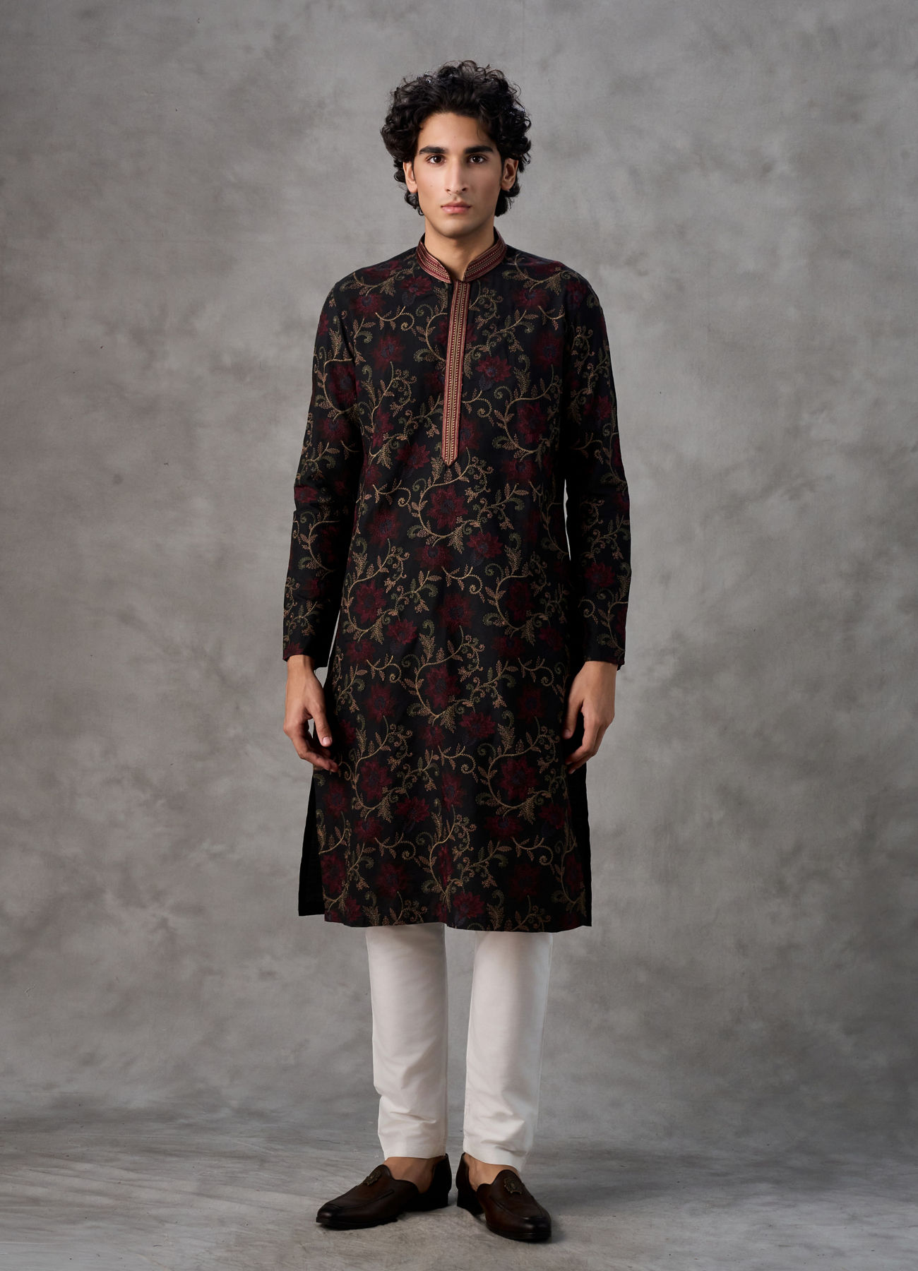 Twamev Men Black Silk Floral Vine Embroidered Kurta Set