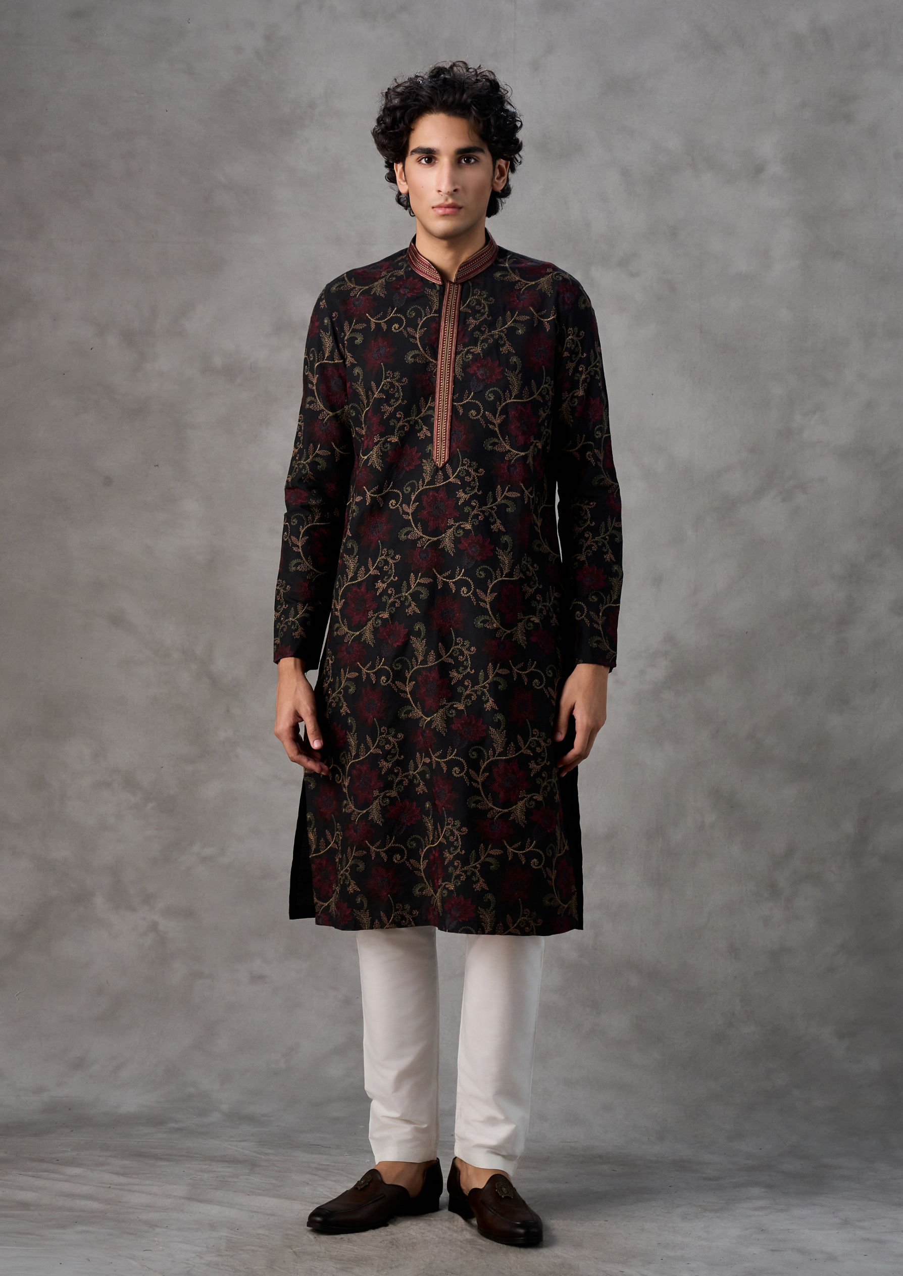 Twamev Men Black Silk Floral Vine Embroidered Kurta Set
