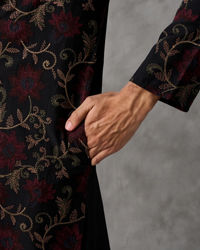 Twamev Men Black Silk Floral Vine Embroidered Kurta Set
