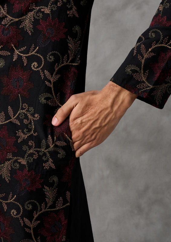 Twamev Men Black Silk Floral Vine Embroidered Kurta Set