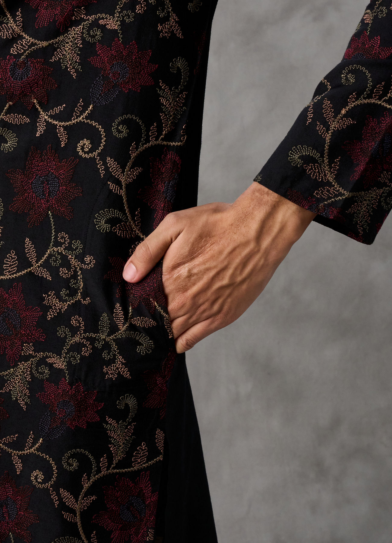 Twamev Men Black Silk Floral Vine Embroidered Kurta Set
