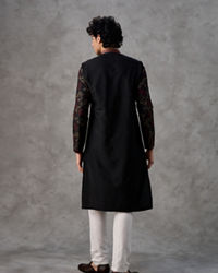 Twamev Men Black Silk Floral Vine Embroidered Kurta Set