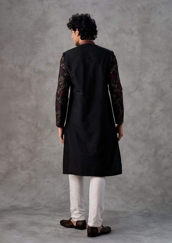 Twamev Men Black Silk Floral Vine Embroidered Kurta Set