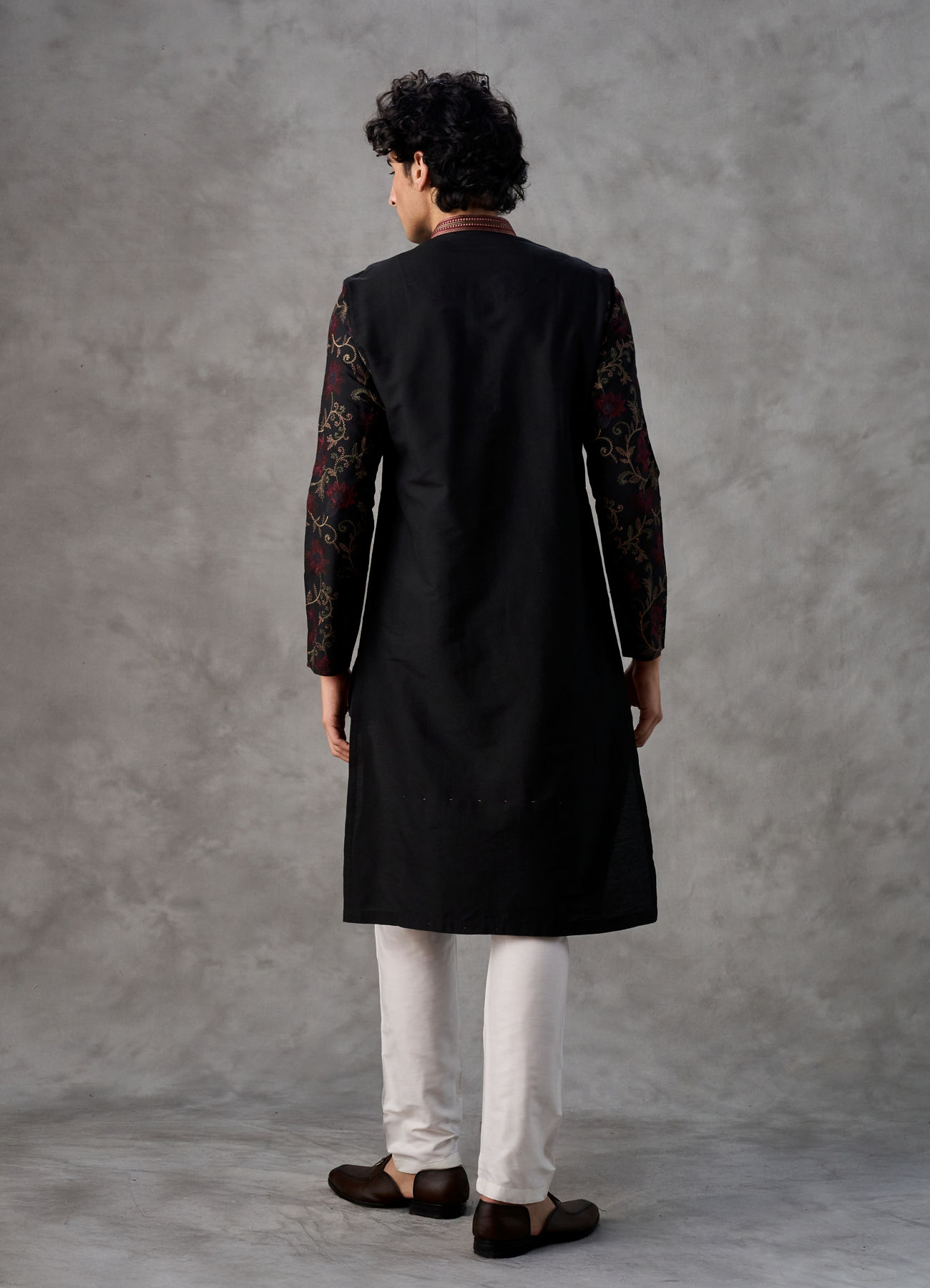 Twamev Men Black Silk Floral Vine Embroidered Kurta Set