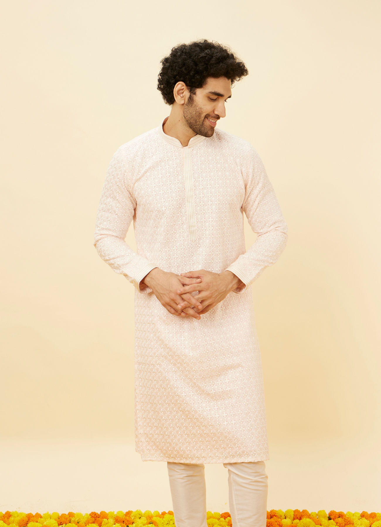 Twamev Men Rose Shadow Pink Chikankari Kurta