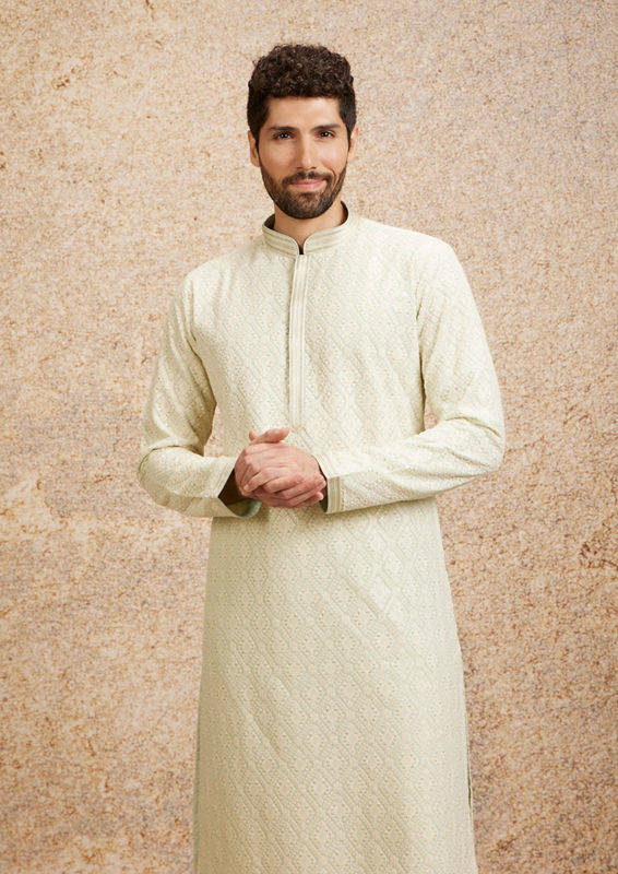 Twamev Men Pista Green Chikankari Kurta Set image number 0