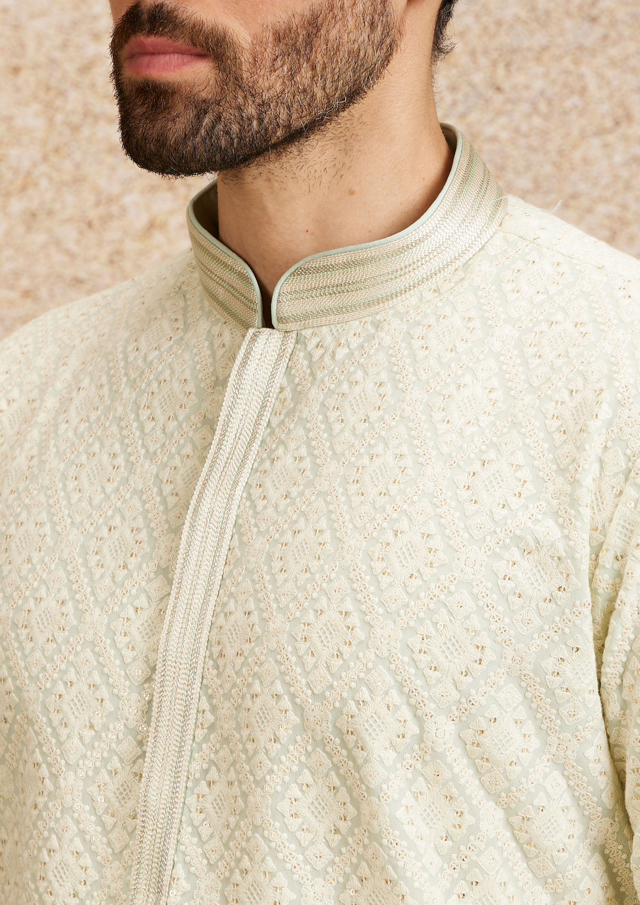 Twamev Men Pista Green Chikankari Kurta Set