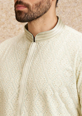 alt message - Twamev Men Pista Green Chikankari Kurta Set image number 1