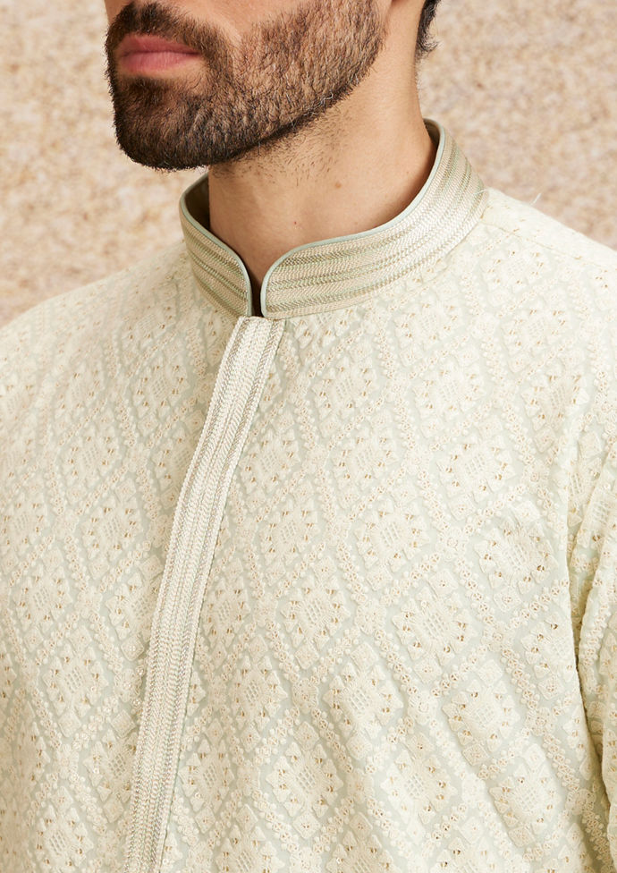 Twamev Men Pista Green Chikankari Kurta Set