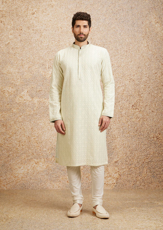 Twamev Men Pista Green Chikankari Kurta Set image number 2