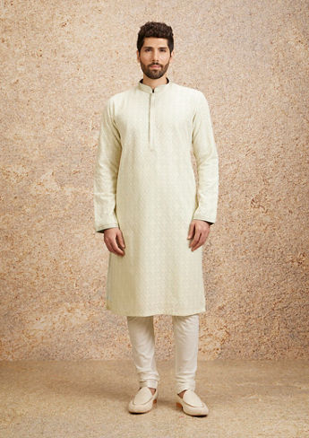 alt message - Twamev Men Pista Green Chikankari Kurta Set image number 2