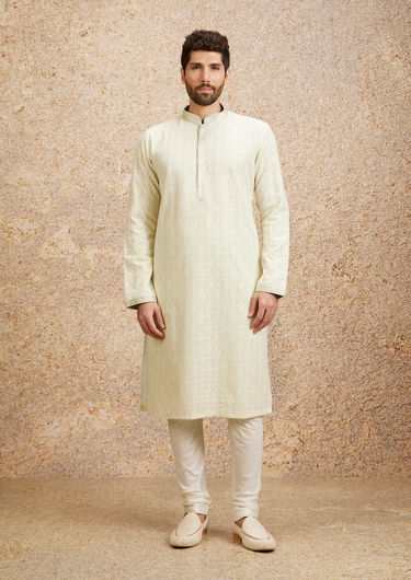 alt message - Twamev Men Pista Green Chikankari Kurta Set image number 2