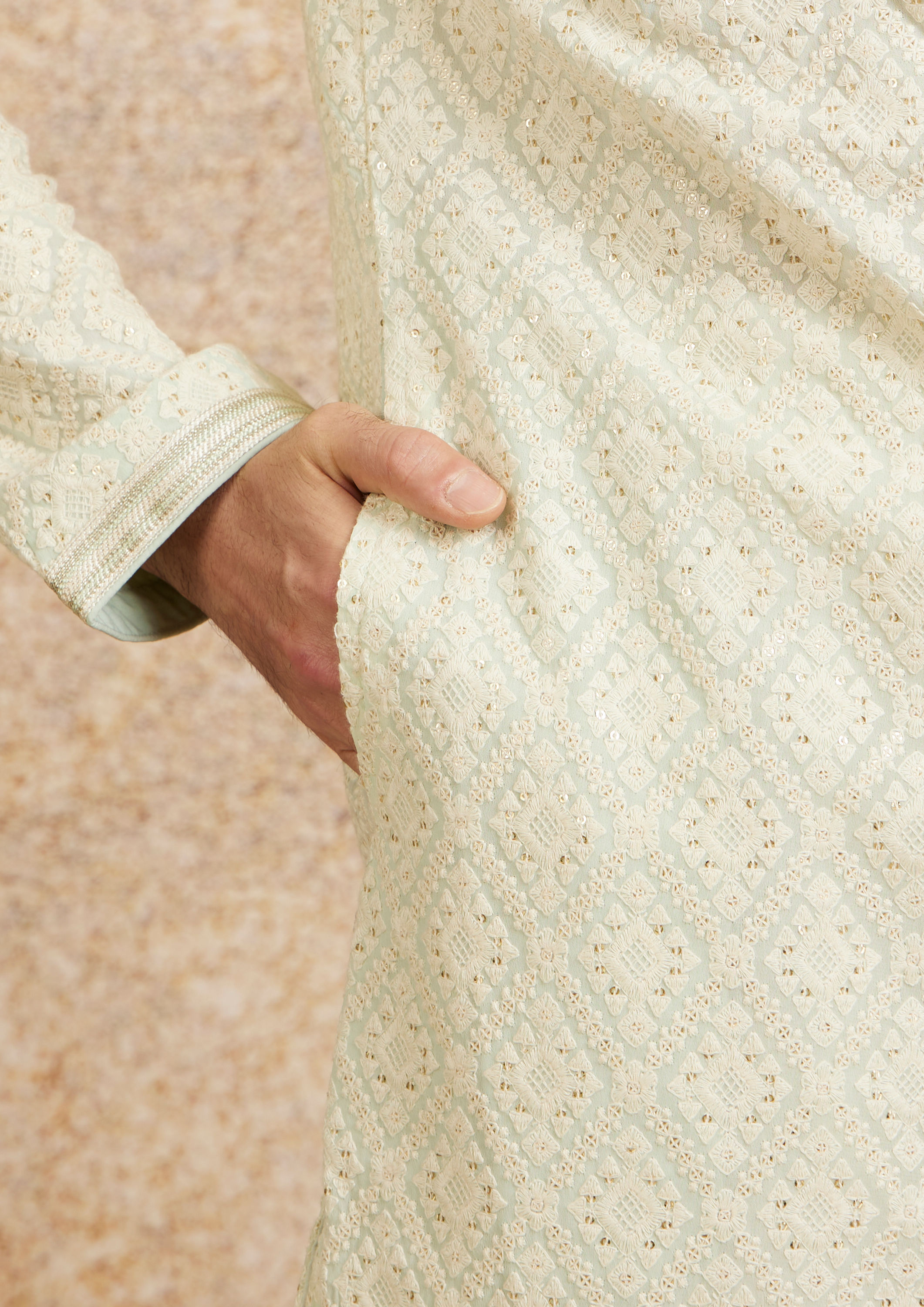 Twamev Men Pista Green Chikankari Kurta Set