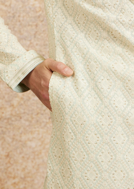 Twamev Men Pista Green Chikankari Kurta Set