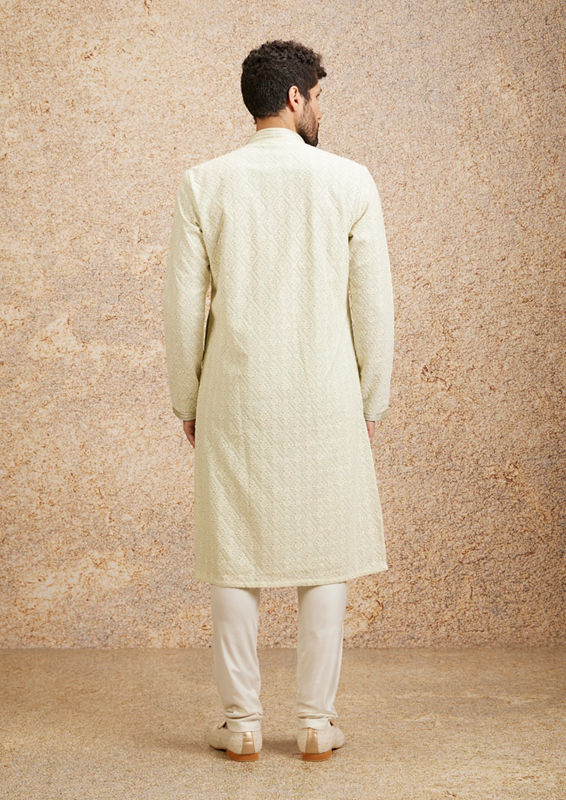 Twamev Men Pista Green Chikankari Kurta Set image number 4