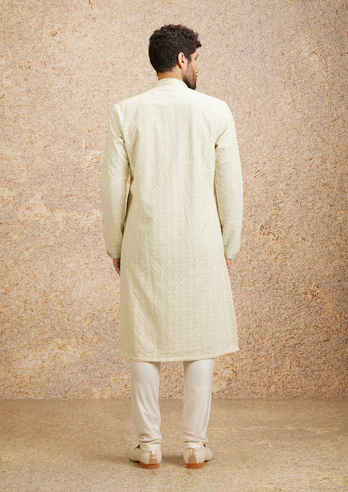 Twamev Men Pista Green Chikankari Kurta Set