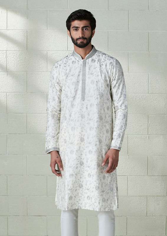 Twamev Men Off white and Silver grey Floral Design Kurta Set