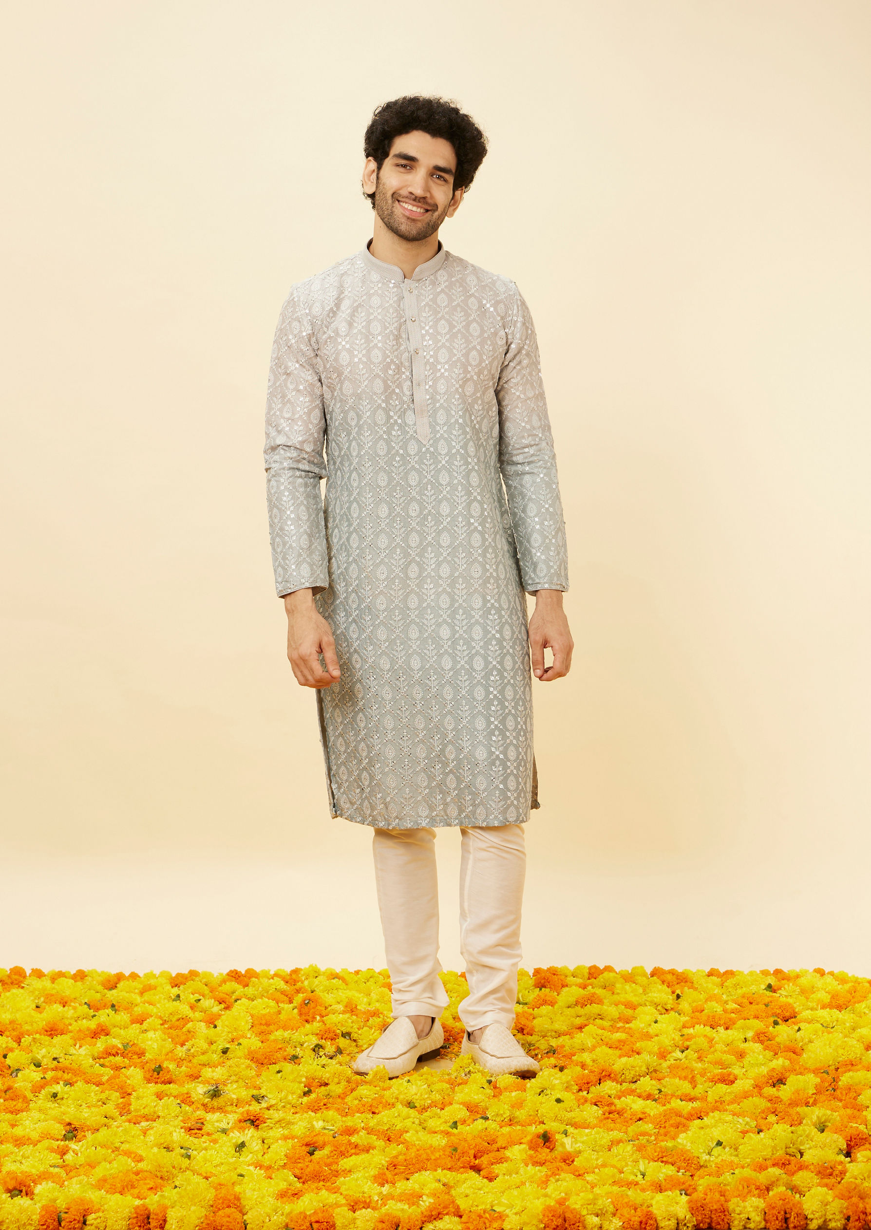 alt message - Twamev Men Shell Grey Fern Patterned Sequined Kurta image number 2