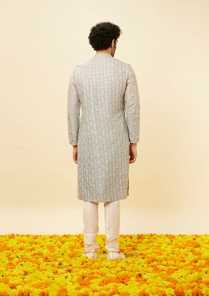 Twamev Men Shell Grey Fern Patterned Sequined Kurta