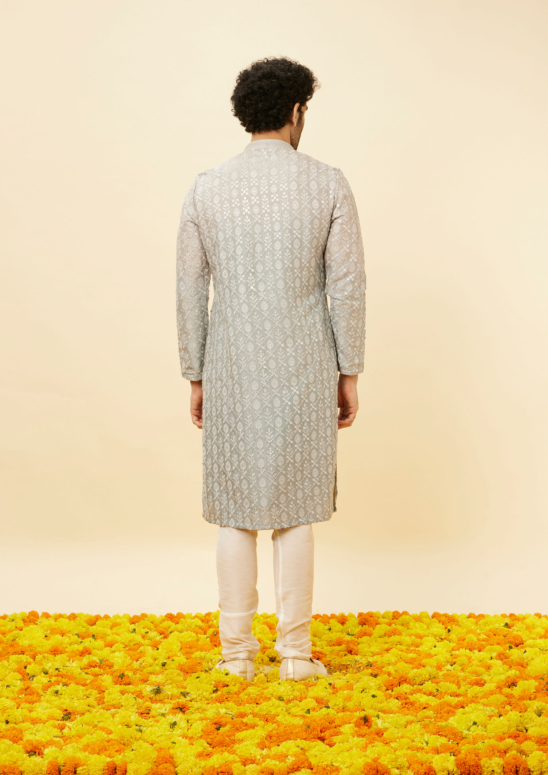 Twamev Men Shell Grey Fern Patterned Sequined Kurta