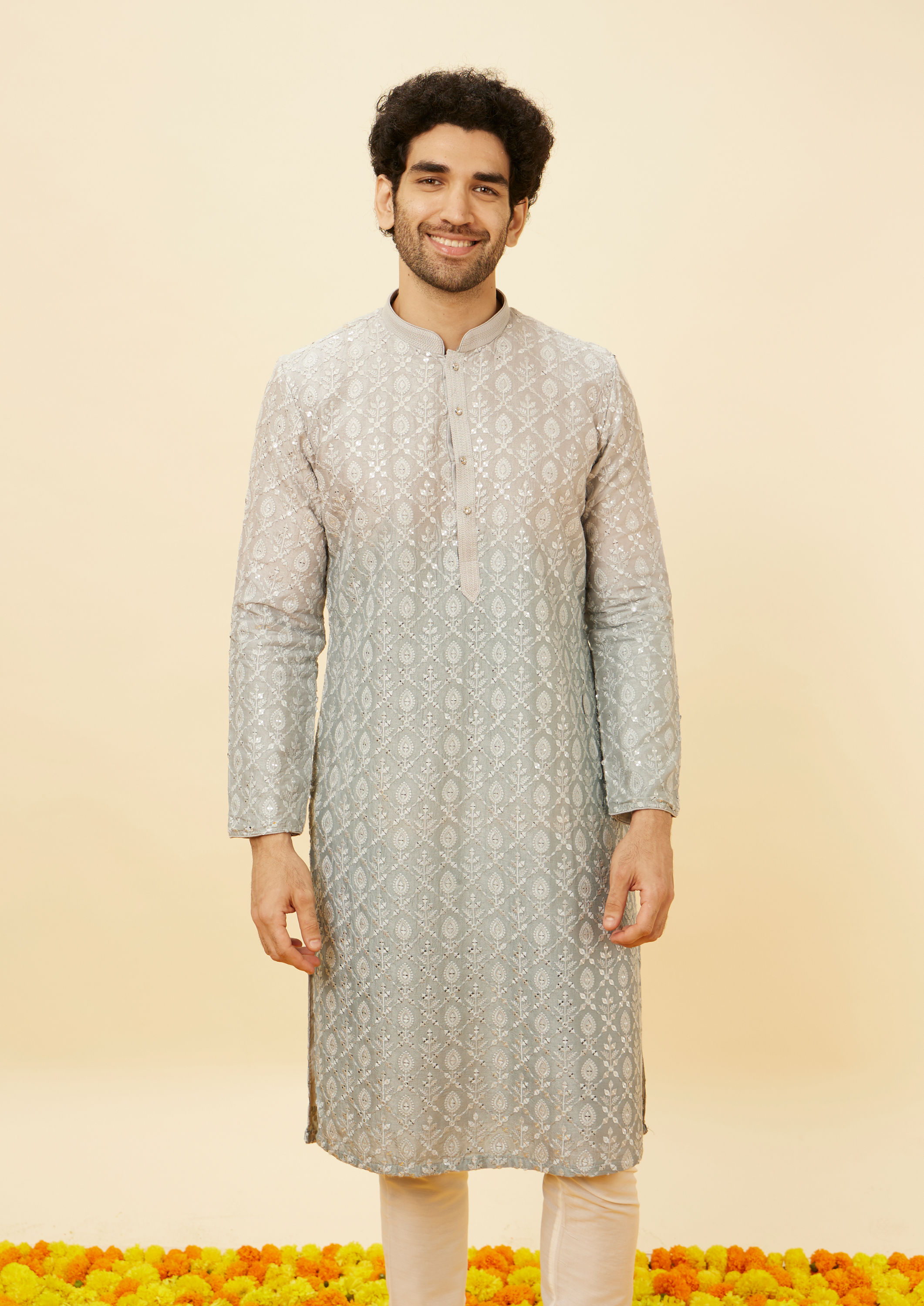 Twamev Men Shell Grey Fern Patterned Sequined Kurta