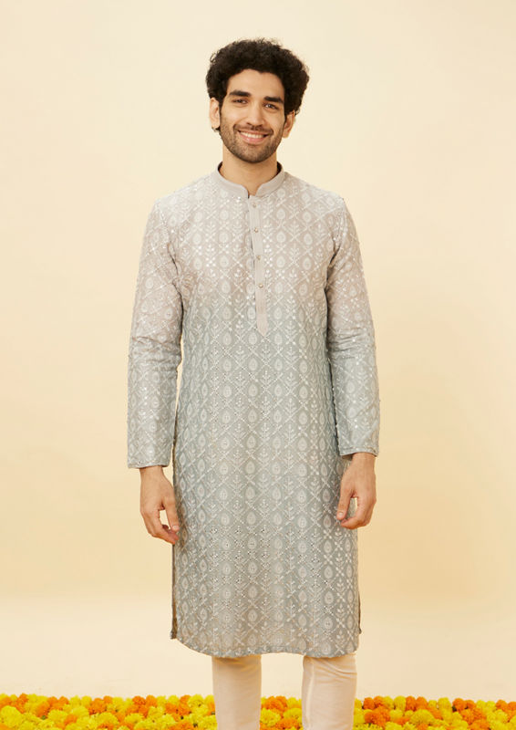Twamev Men Shell Grey Fern Patterned Sequined Kurta